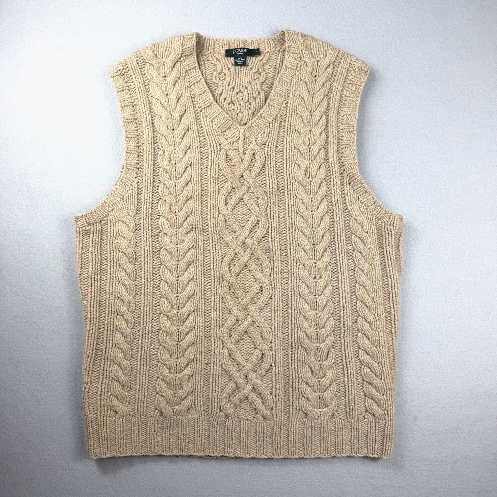 VTG J.Crew Handknit Lambswool Cable Knit Sweater Vest Men L Fisherman Oatmeal